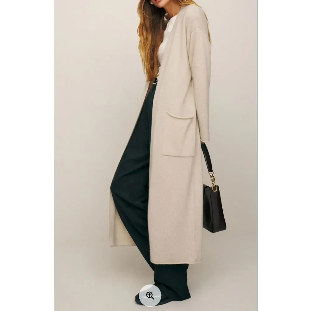 Reformation Bri Cashmere Long Open Front Cardigan Oatmeal Sz Small Tan Designer - Picture 2 of 14